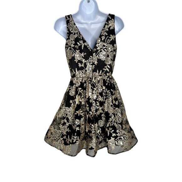 Altar'd State Donella Sequin Mini Dress Black Gold Floral Fit & Flare XS - Picture 12 of 16
